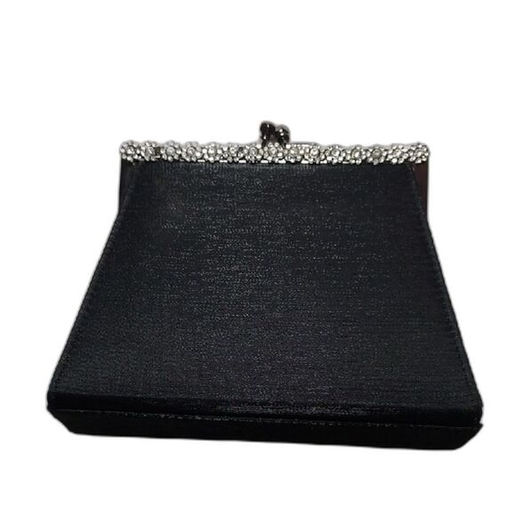 Vintage Black Evening Bag Satin Grosgraon Fabric Kisslock With Rhinestones - Picture 1 of 14